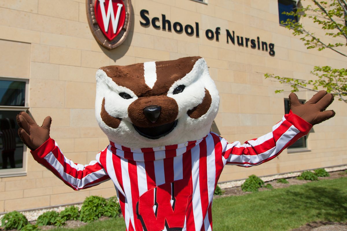 Bucky Badger visits Signe Skott Cooper Hall