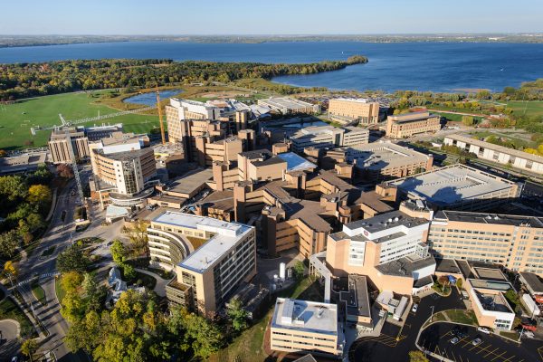 Shows the health and medical campus, including academic buildings and hospital close to each other.