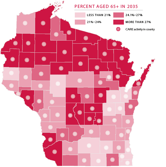 Map of Wisconsin showing percentage of population over 65