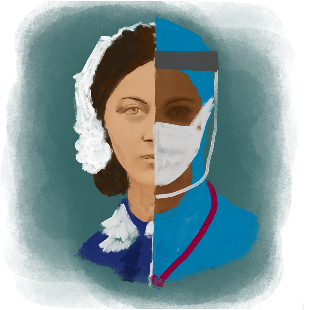Illustration of Florence Nightingale and contemporary nurse in PPE