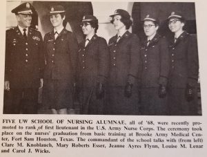 Vintage news paper clipping of 5 UW School of Nursing alumnae and their commandant at Army Nurse Corps basic training graduation