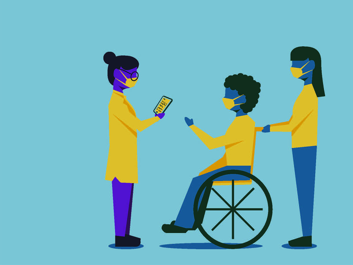 Illustration of a healthcare provider assisting a person in a wheelchair