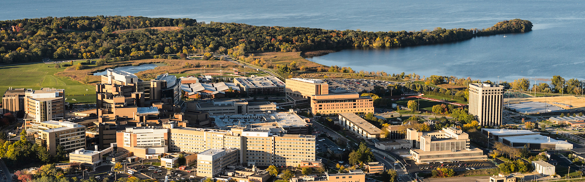 An aerial view of the west side of the UW-Madison campus, including Picnic Point