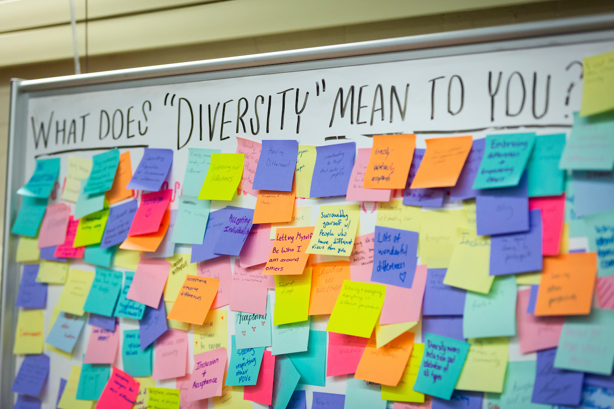A board displays Post-it Notes with answers from campus community members on what diversity means to them.